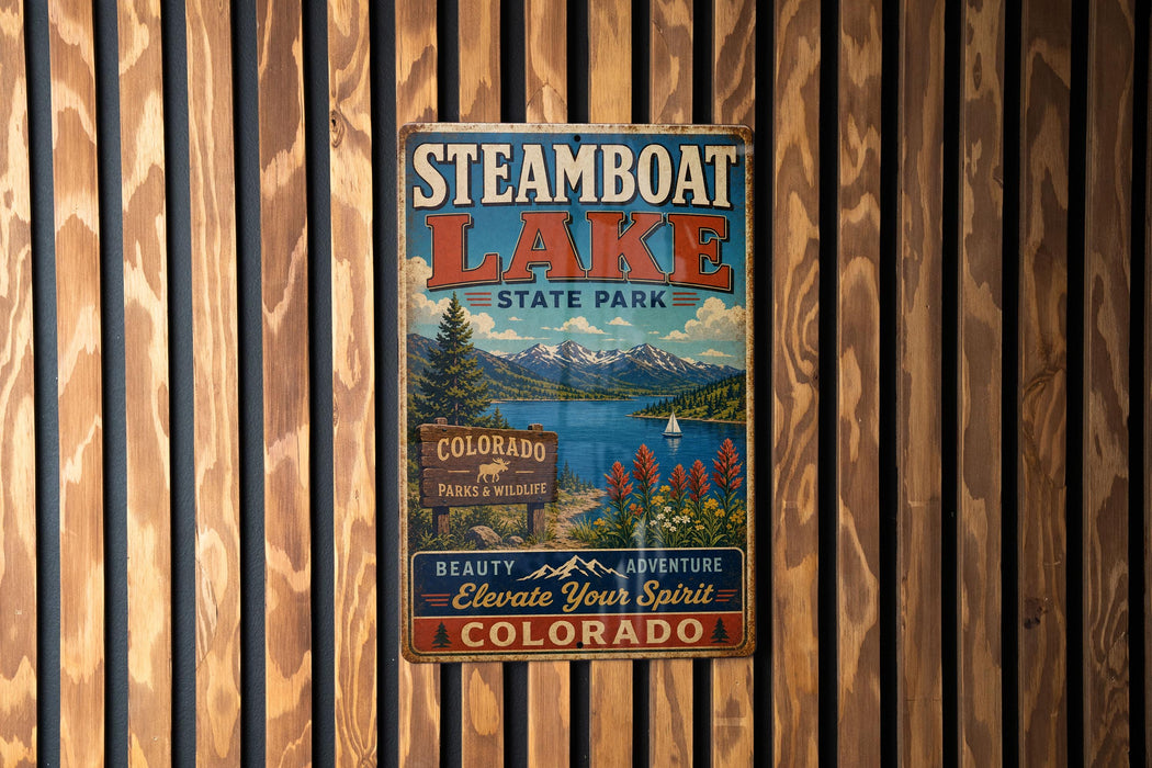 A vintage-style metal sign for Steamboat Lake State Park, featuring a scenic landscape with mountains, a lake, and a sign that says "Colorado Parks & Wildlife".