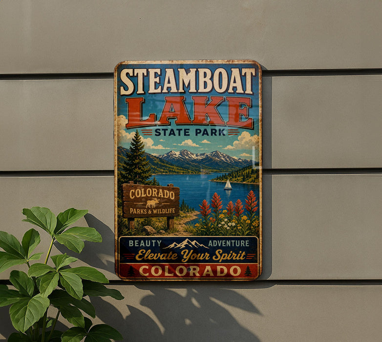 A vintage-style metal sign for Steamboat Lake State Park, featuring a scenic landscape with mountains, a lake, and a sign for Colorado Parks & Wildlife.