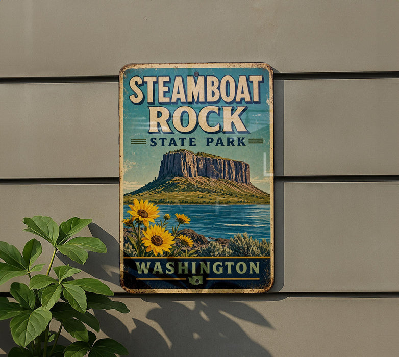 A vintage-style metal sign for Steamboat Rock State Park in Washington, featuring a mountain landscape with a river and sunflowers.