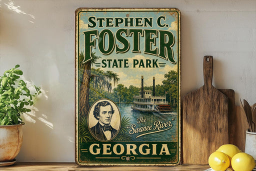 A vintage-style sign for Stephen C. Foster State Park in Georgia, featuring a portrait of a man and an illustration of a river with a steamboat.