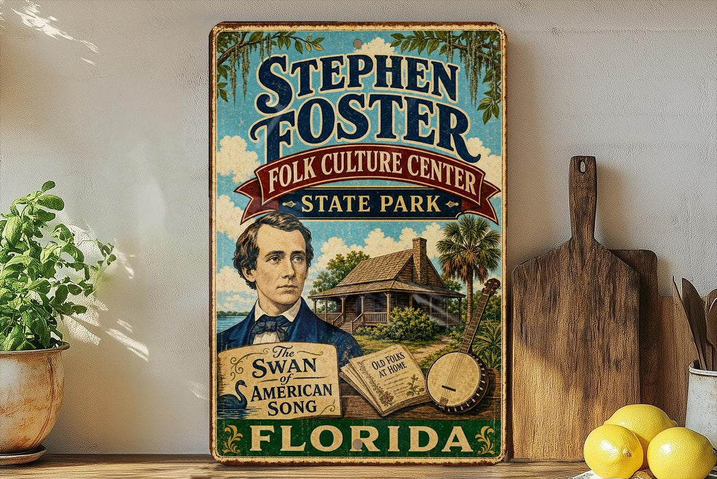 A vintage-style sign for Stephen Foster's Folk Culture Center in Florida, featuring a portrait of a man, a house, and various other elements associated with the Florida state.