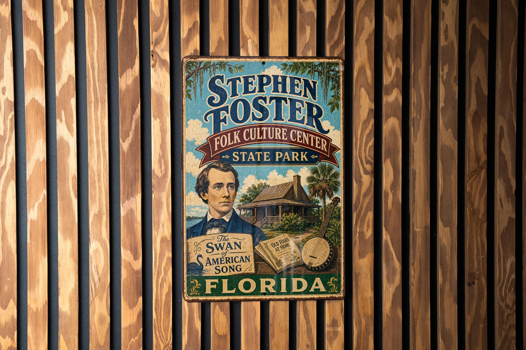 A vintage-style metal sign for Stephen Foster's Folk Culture Center in Florida, featuring a man holding a book titled "The Swan American Song" and a clock.