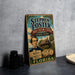 A vintage-style poster advertising Stephen Foster's Folk Culture Center in Florida, featuring a portrait of a man and various landmarks and symbols associated with the state.