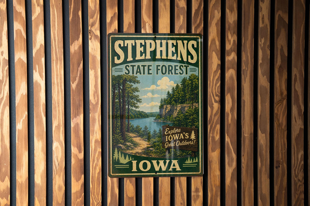 A vintage-style metal sign for Stephens State Forest in Iowa, featuring a scenic landscape with a river and forest.