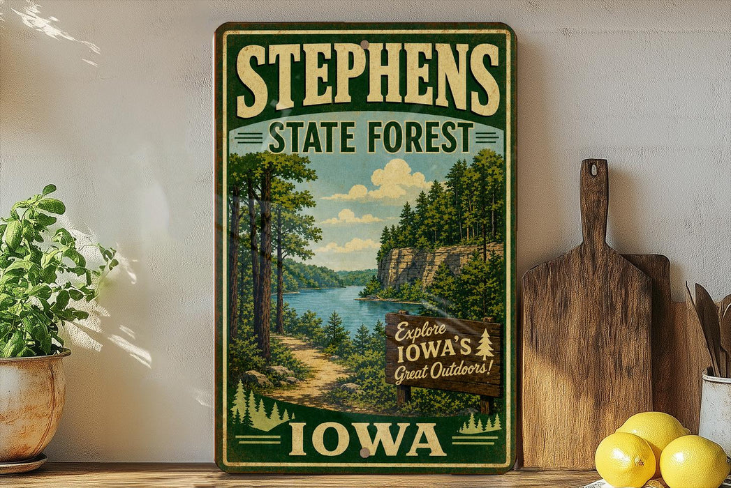 A vintage-style sign for Stephens State Forest in Iowa, featuring a scenic landscape with a river and forest.