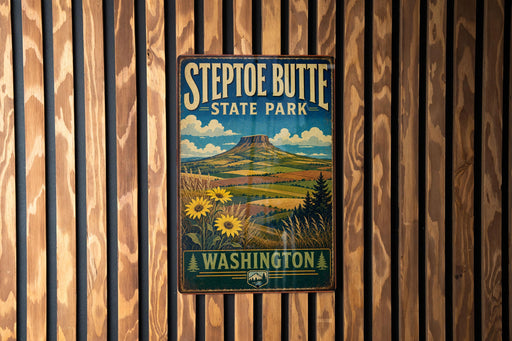 A vintage metal sign for Steptoe Butte State Park in Washington, featuring a scenic landscape with mountains, fields, and sunflowers.