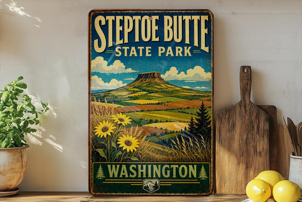 A vintage-style sign for Steptoe Butte State Park in Washington, featuring a mountain landscape with sunflowers and a wooden cutting board in the foreground.