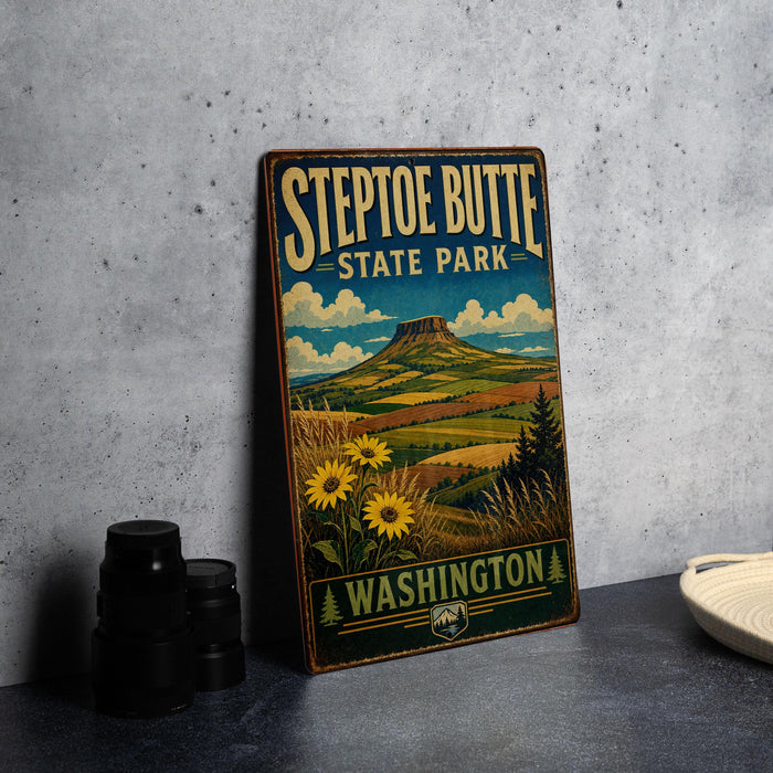 A vintage-style metal sign for Steptoe Butte State Park in Washington, featuring a scenic landscape with mountains, fields, and sunflowers.