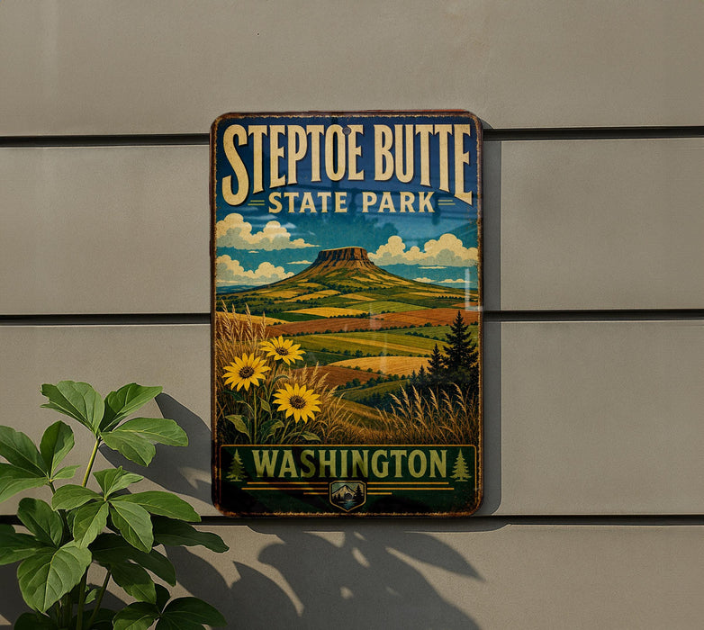 A vintage-style metal sign for Steptoe Butte State Park in Washington, featuring a landscape with a mountain, sunflowers, and a pine tree.