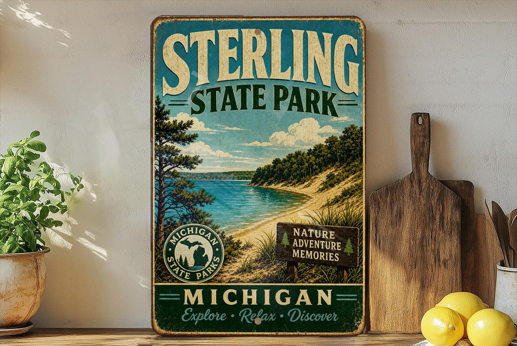 A vintage-style metal sign for Sterling State Park, featuring a scenic landscape with a lake, mountains, and pine trees.