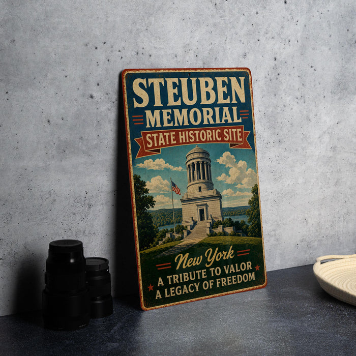 A vintage-style metal plaque with the text "Steuben Memorial State Historic Site" and an illustration of a historic building, placed on a gray countertop next to a stack of black camera lenses.