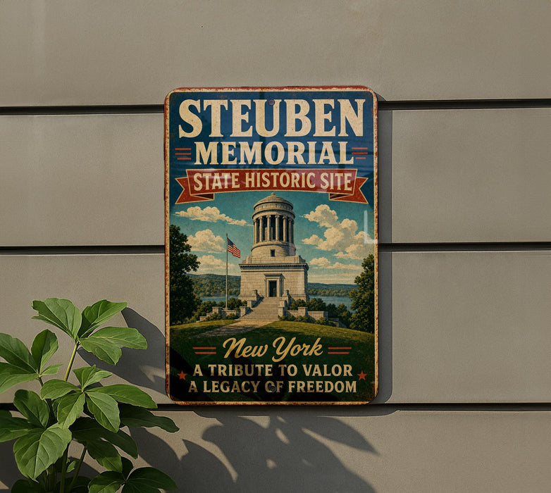 A metal sign on a wall that reads "Steuben Memorial State Historic Site" and "New York A Tribute to Valor A Legacy of Freedom".