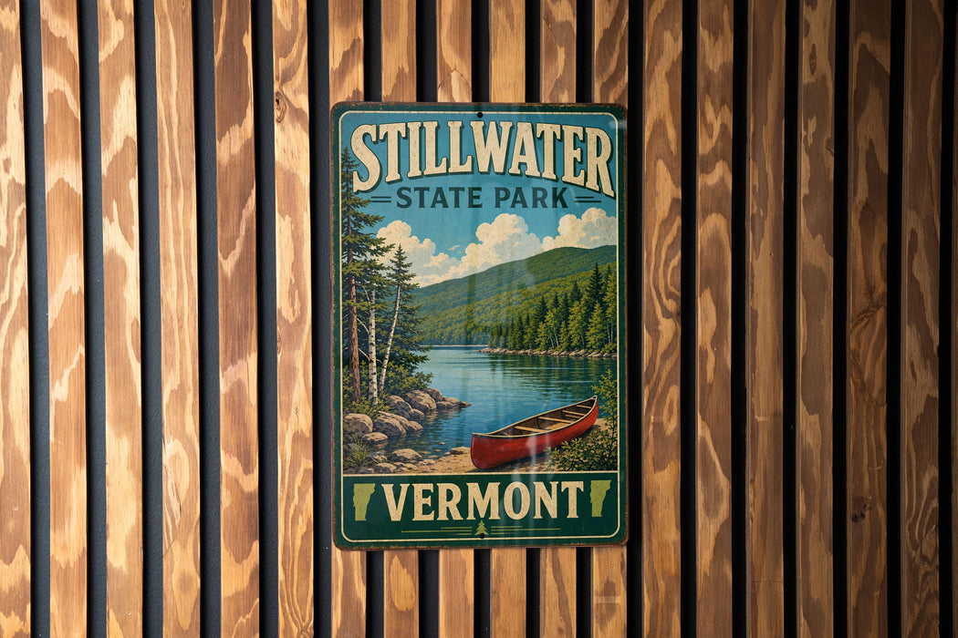 A vintage-style sign for Stillwater State Park in Vermont, featuring a scenic image of a lake and a canoe.