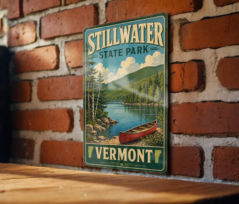 A vintage-style metal sign for Stillwater State Park in Vermont, featuring a scenic image of a lake and a red canoe.