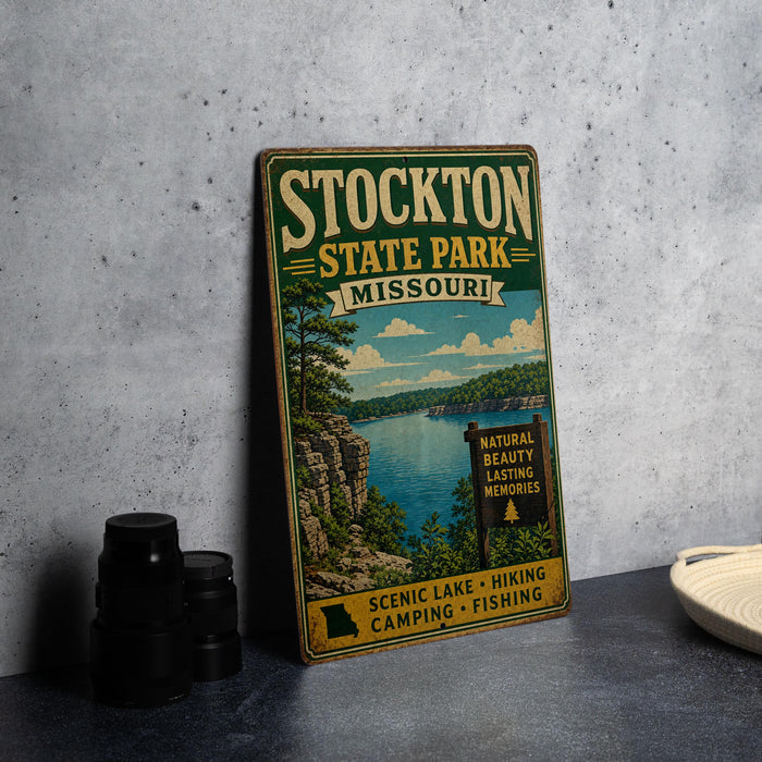 A vintage metal sign for Stockton State Park in Missouri, featuring a scenic lake and mountains, is displayed on a table next to some camping equipment.