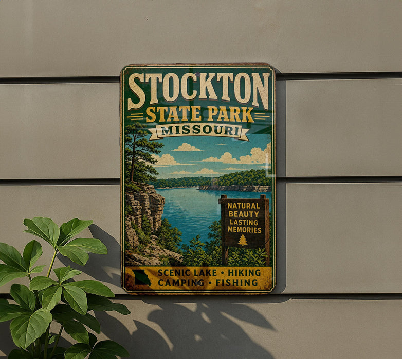 A vintage-style metal sign for Stockton State Park, Missouri, featuring a scenic lake and mountains in the background.