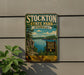 A vintage-style metal sign for Stockton State Park, Missouri, featuring a scenic lake and mountains in the background.