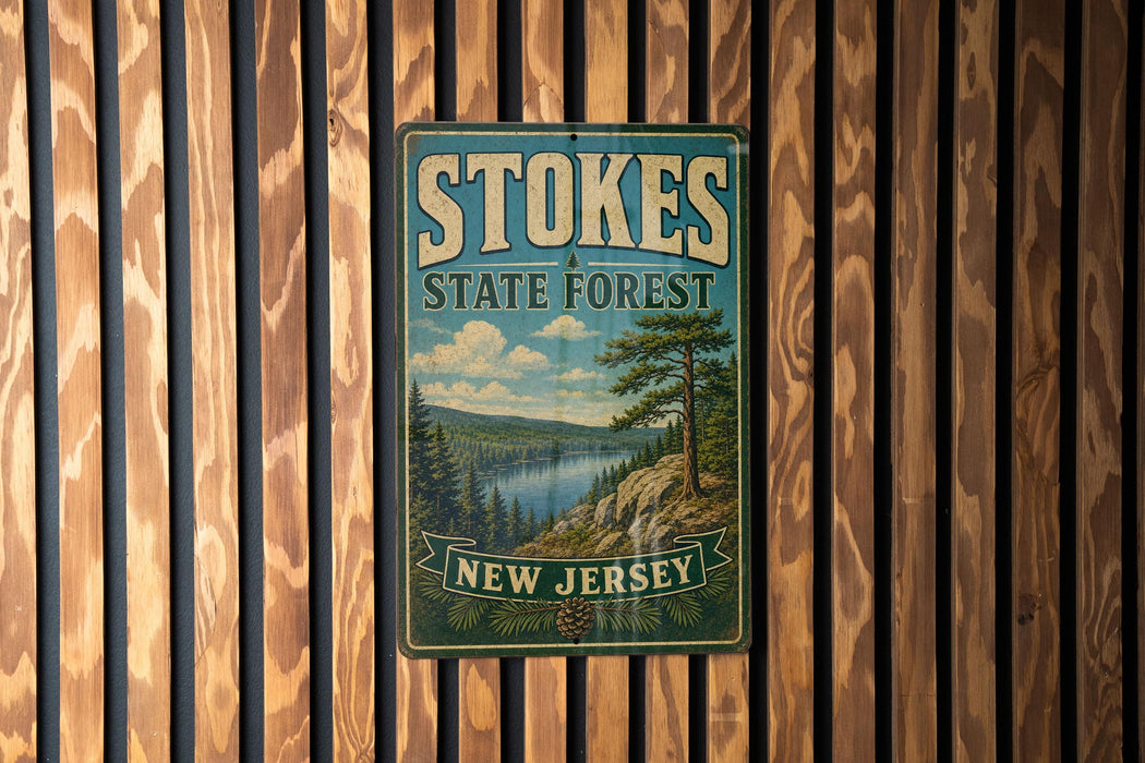 A vintage-style metal sign for Stokes State Forest in New Jersey, featuring a scenic landscape with pine trees, a lake, and mountains.