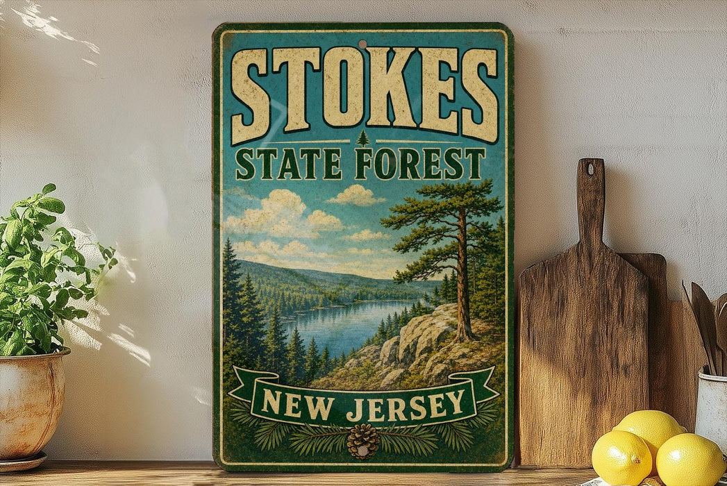 A vintage-style sign for Stokes State Forest in New Jersey, featuring a scenic landscape with pine trees, a lake, and mountains.