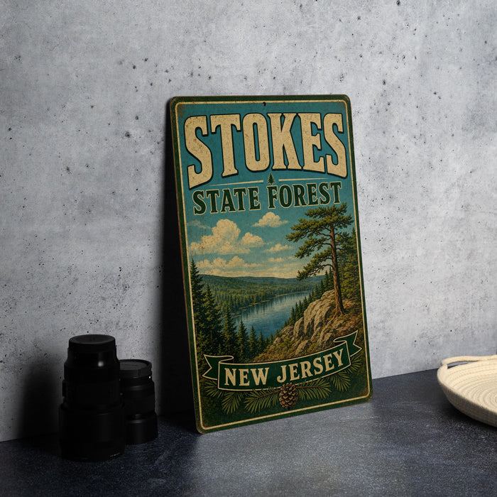 A vintage-style sign for Stokes State Forest in New Jersey, featuring a scenic landscape with pine trees and a lake.