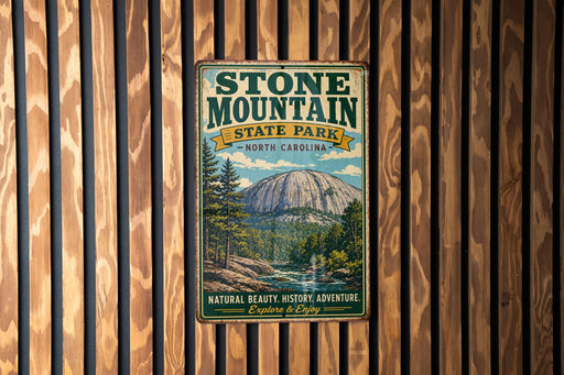 A vintage-style metal sign for Stone Mountain State Park in North Carolina, featuring a scenic mountain landscape and the park's name.