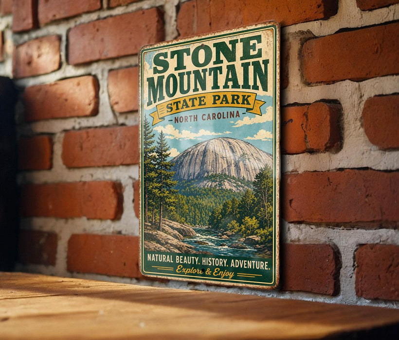 A vintage-style metal sign for Stone Mountain State Park in North Carolina, featuring a scenic illustration of the mountain and surrounding landscape.
