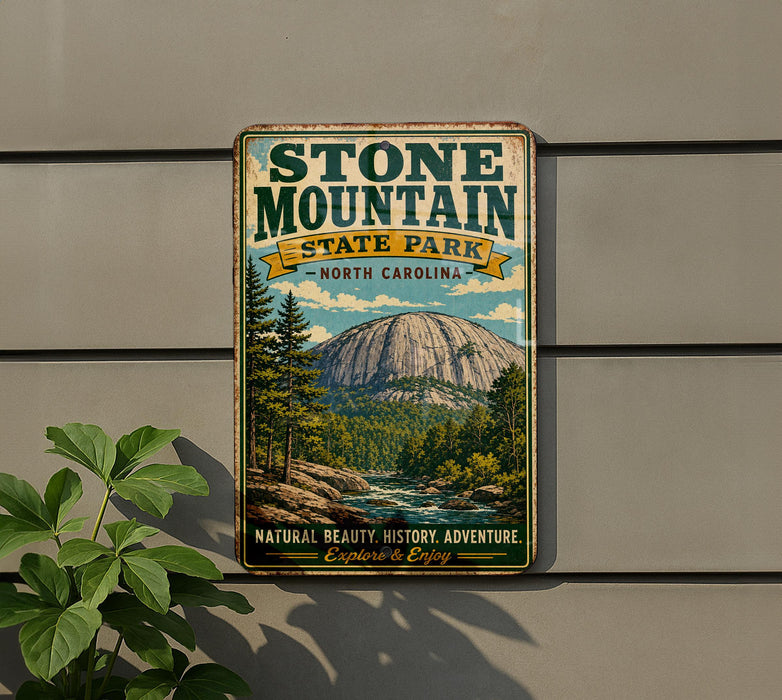 A vintage-style metal sign for Stone Mountain State Park in North Carolina, featuring a scenic illustration of the mountain and surrounding landscape.