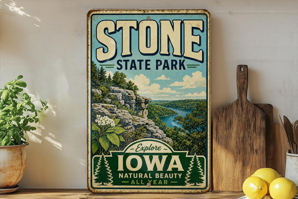 A vintage-style sign for Stone State Park, featuring a scenic landscape with a river and mountains, is displayed on a shelf next to a wooden cutting board and some potted plants.