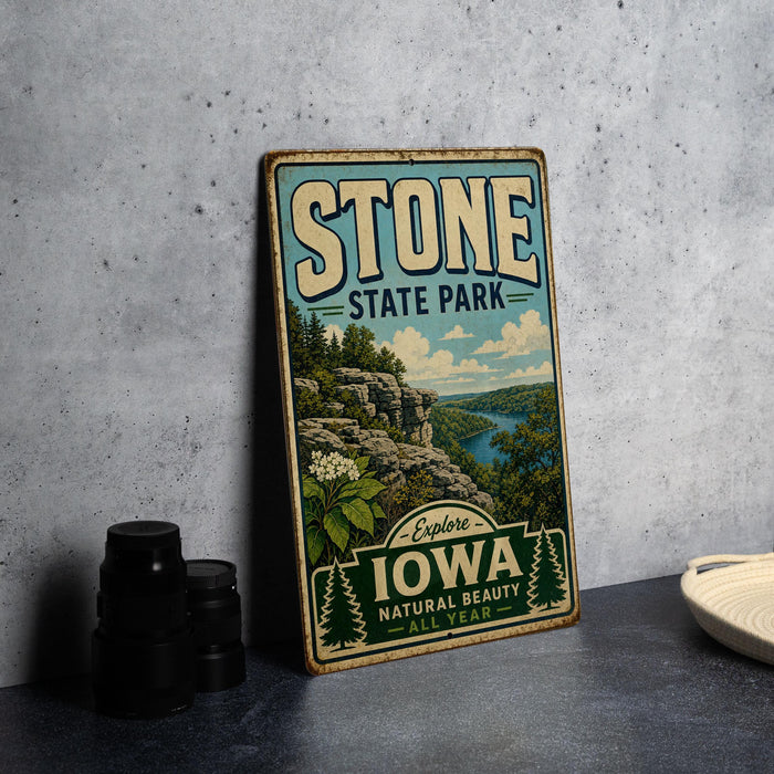 A vintage-style sign for Stone State Park, featuring a scenic landscape with a river and mountains, is displayed on a gray concrete surface.