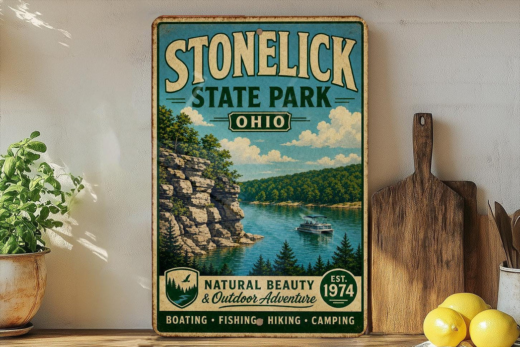 A vintage-style poster advertising Stonelick State Park, Ohio, featuring a scenic landscape with a lake, mountains, and a boat.