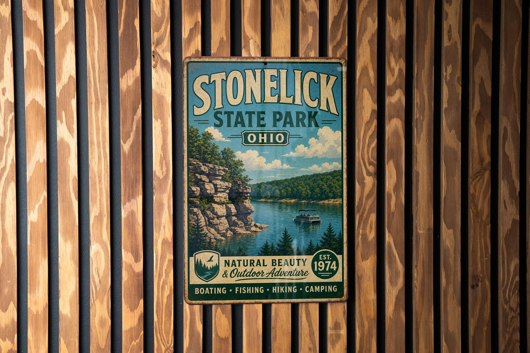 A vintage-style sign for Stonelick State Park, Ohio, featuring a scenic image of a lake surrounded by mountains and forests.