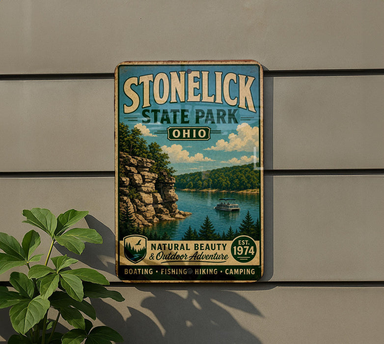A vintage-style sign for Stonelick State Park, Ohio, featuring a scenic landscape with a lake, cliffs, and a boat.
