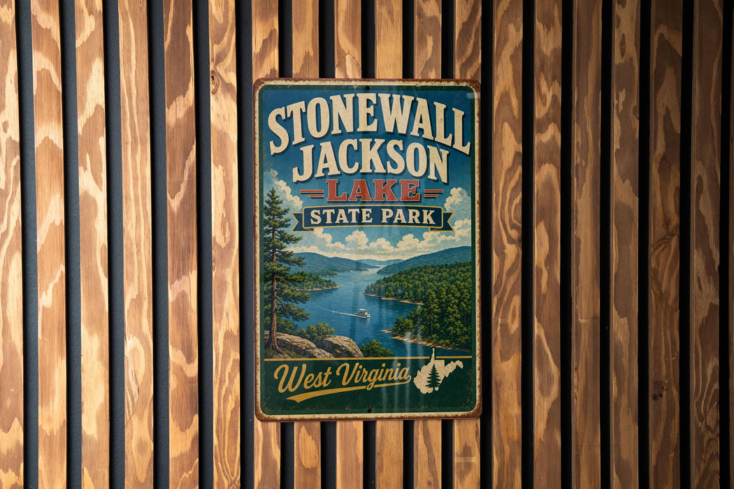 A vintage-style metal sign for Stonewall Jackson Lake State Park in West Virginia, featuring a scenic landscape with a lake and mountains.