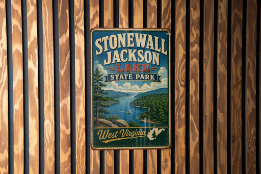 A vintage-style metal sign for Stonewall Jackson Lake State Park in West Virginia, featuring a scenic landscape with a lake and mountains.