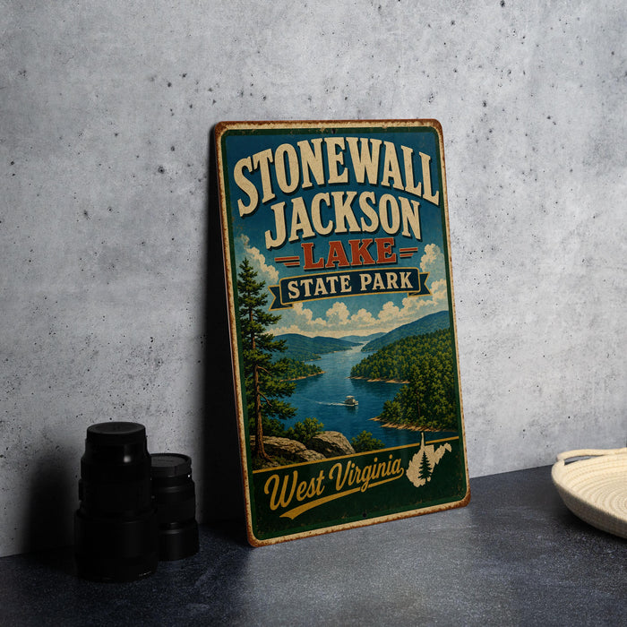 A vintage-style sign for Stonewall Jackson Lake State Park in West Virginia, featuring a scenic landscape with a lake, mountains, and pine trees.