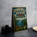A vintage-style sign for Stonewall Jackson Lake State Park in West Virginia, featuring a scenic landscape with a lake, mountains, and pine trees.