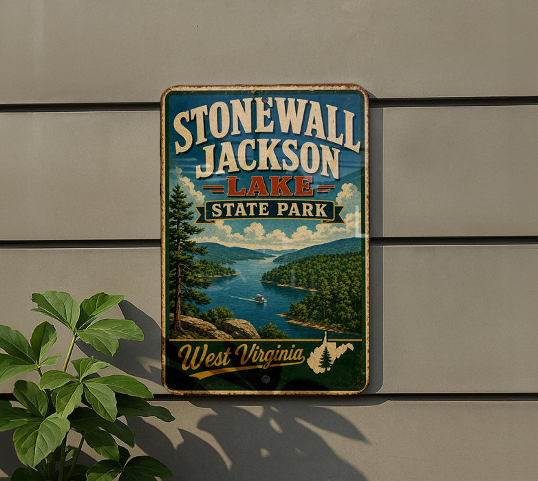 A vintage-style sign for Stonewall Jackson Lake State Park in West Virginia, featuring a scenic landscape with a lake, mountains, and trees.