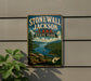 A vintage-style sign for Stonewall Jackson Lake State Park in West Virginia, featuring a scenic landscape with a lake, mountains, and trees.