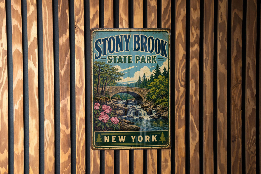 A vintage metal sign for Stony Brook State Park in New York, featuring a scenic illustration of a bridge, waterfall, and forest.
