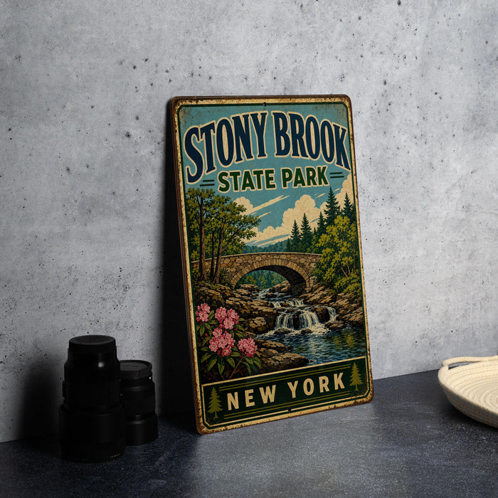 A vintage-style metal sign for Stony Brook State Park in New York, featuring a scenic illustration of a bridge, waterfall, and forest.