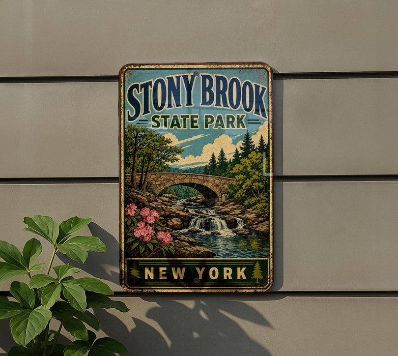 A vintage-style metal sign for Stony Brook State Park in New York, featuring a scenic landscape with a bridge, waterfalls, and trees.