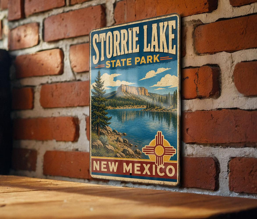 A vintage-style metal sign for Storrie Lake State Park in New Mexico, featuring a scenic landscape with a lake, mountains, and a cross symbol.