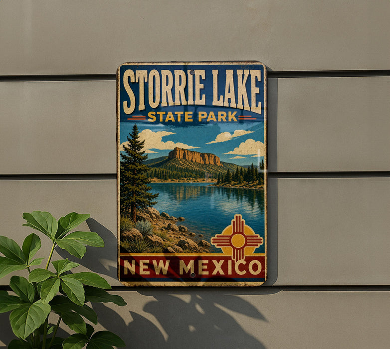 A vintage metal sign for Storrie Lake State Park in New Mexico, featuring a scenic landscape with a lake, mountains, and a pine tree.