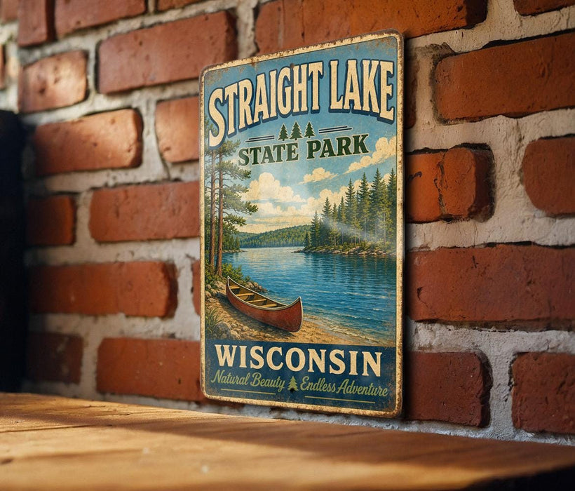 A vintage-style sign for Straight Lake State Park in Wisconsin, featuring a scenic image of a lake with a canoe and surrounded by pine trees.