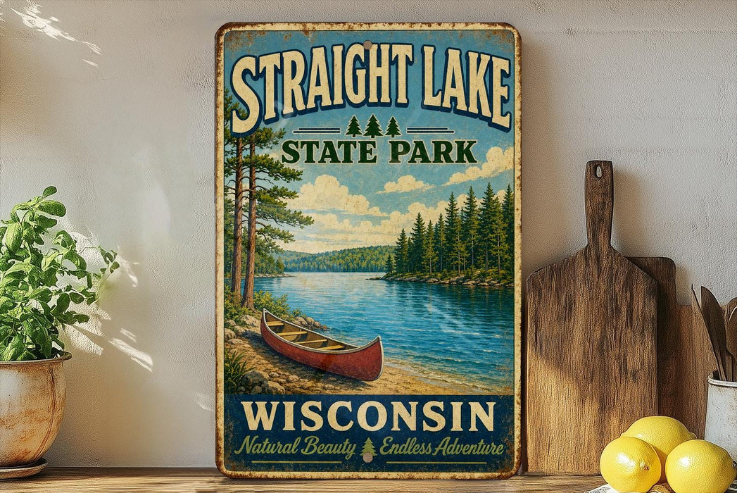 A vintage-style sign for Straight Lake State Park in Wisconsin, featuring a scenic image of a lake with a canoe, surrounded by pine trees and mountains.