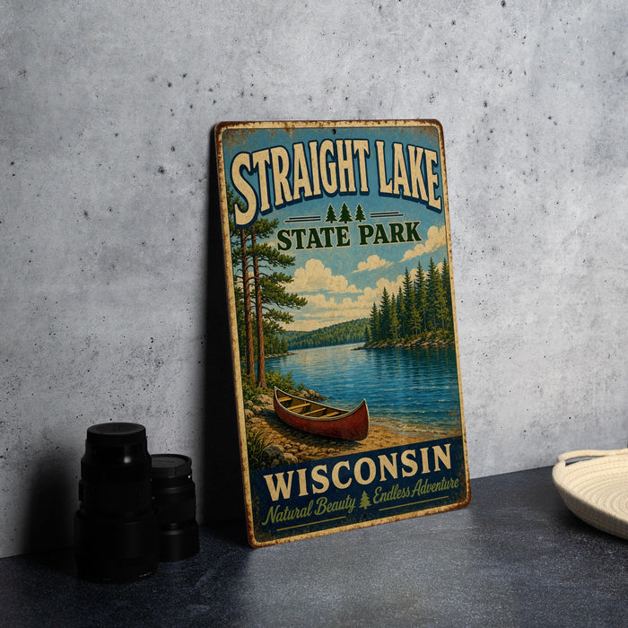 A vintage-style metal sign for Straight Lake State Park in Wisconsin, featuring a canoe on a lake surrounded by pine trees.