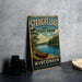 A vintage-style metal sign for Straight Lake State Park in Wisconsin, featuring a canoe on a lake surrounded by pine trees.