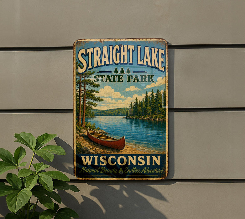A vintage-style metal sign for Straight Lake State Park in Wisconsin, featuring a scenic image of a lake with a canoe and pine trees.