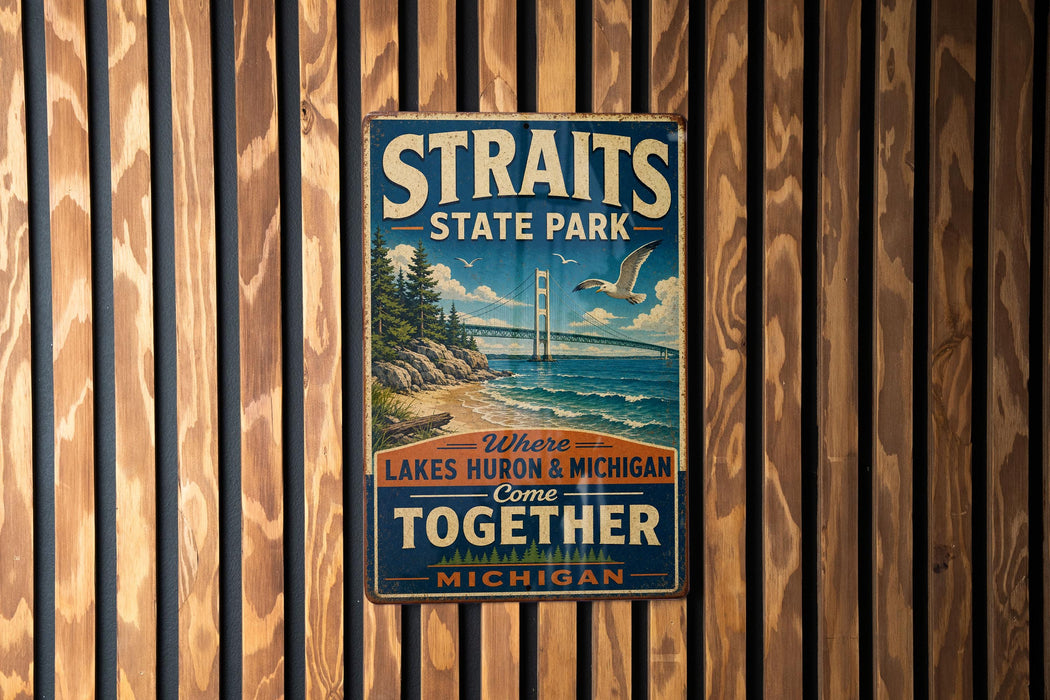 A vintage metal sign for Straits State Park, featuring a scenic illustration of lakes Huron and Michigan coming together.