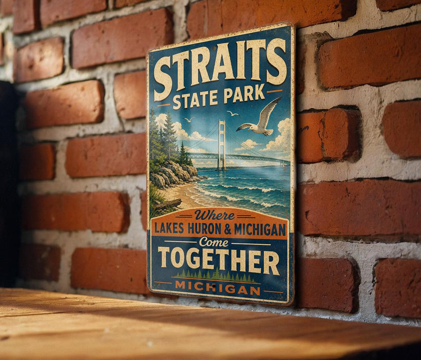 A vintage metal sign for Straits State Park, featuring a scenic image of the strait with a bridge and a bird in flight.
